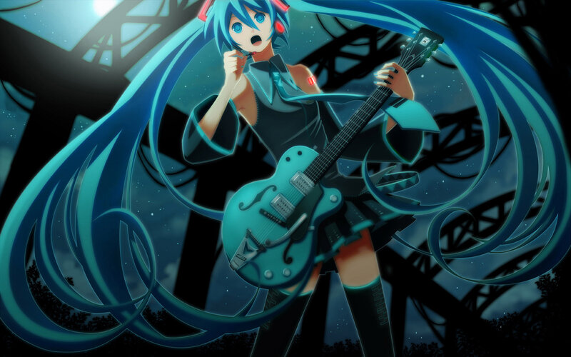 Blue-haired Character with Guitar — Blue, Dramatic, Night