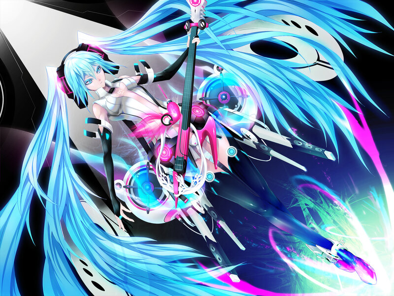 Blue-haired Character with Guitar — Blue, Dynamic, Digital Art, Headphones