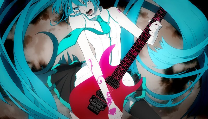 Blue-haired Character with Guitar — Cyan, Dramatic, Anime