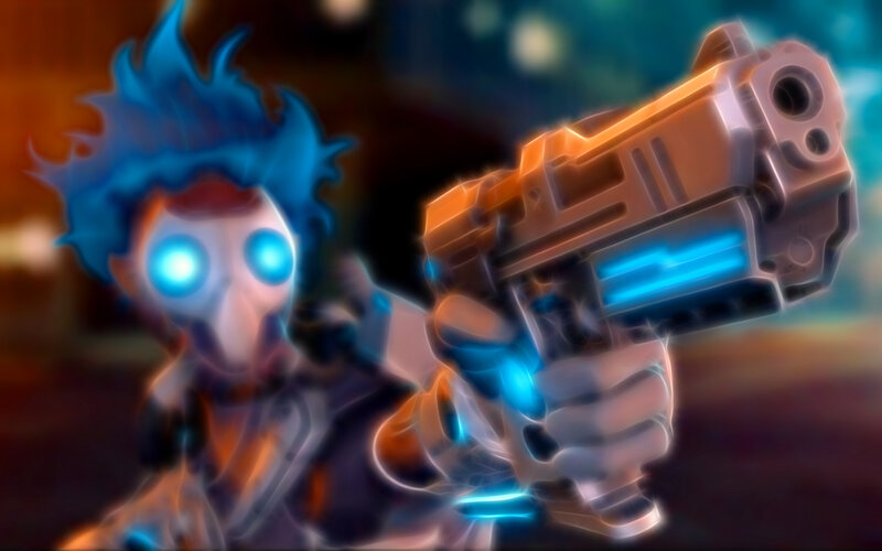 blue-haired character with gun
