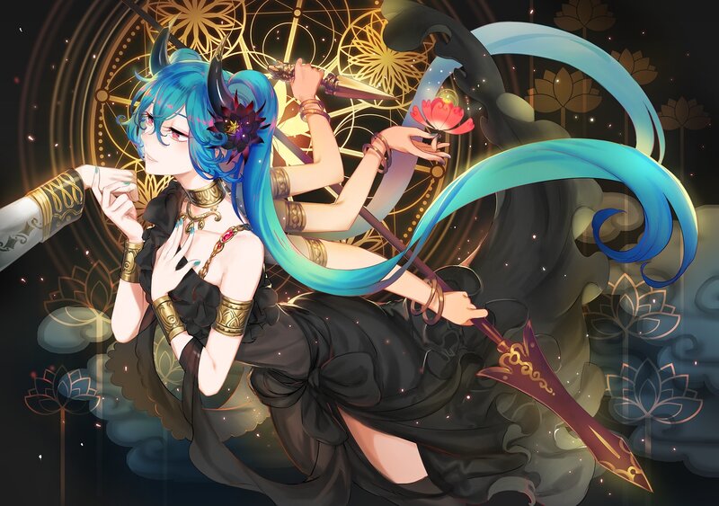 Blue-haired Character with Horns — Black