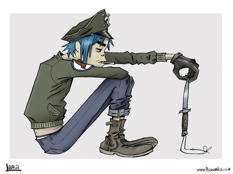 Blue-haired character with knife