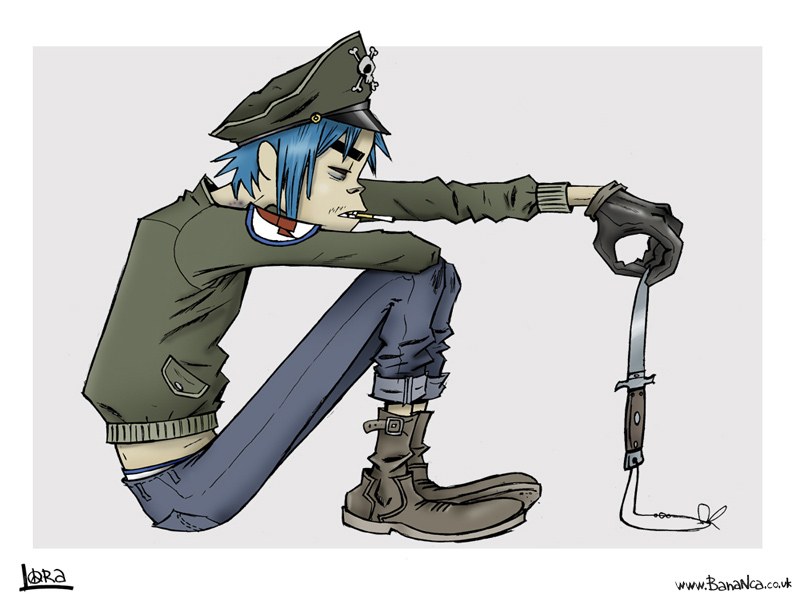 Blue-haired character with knife