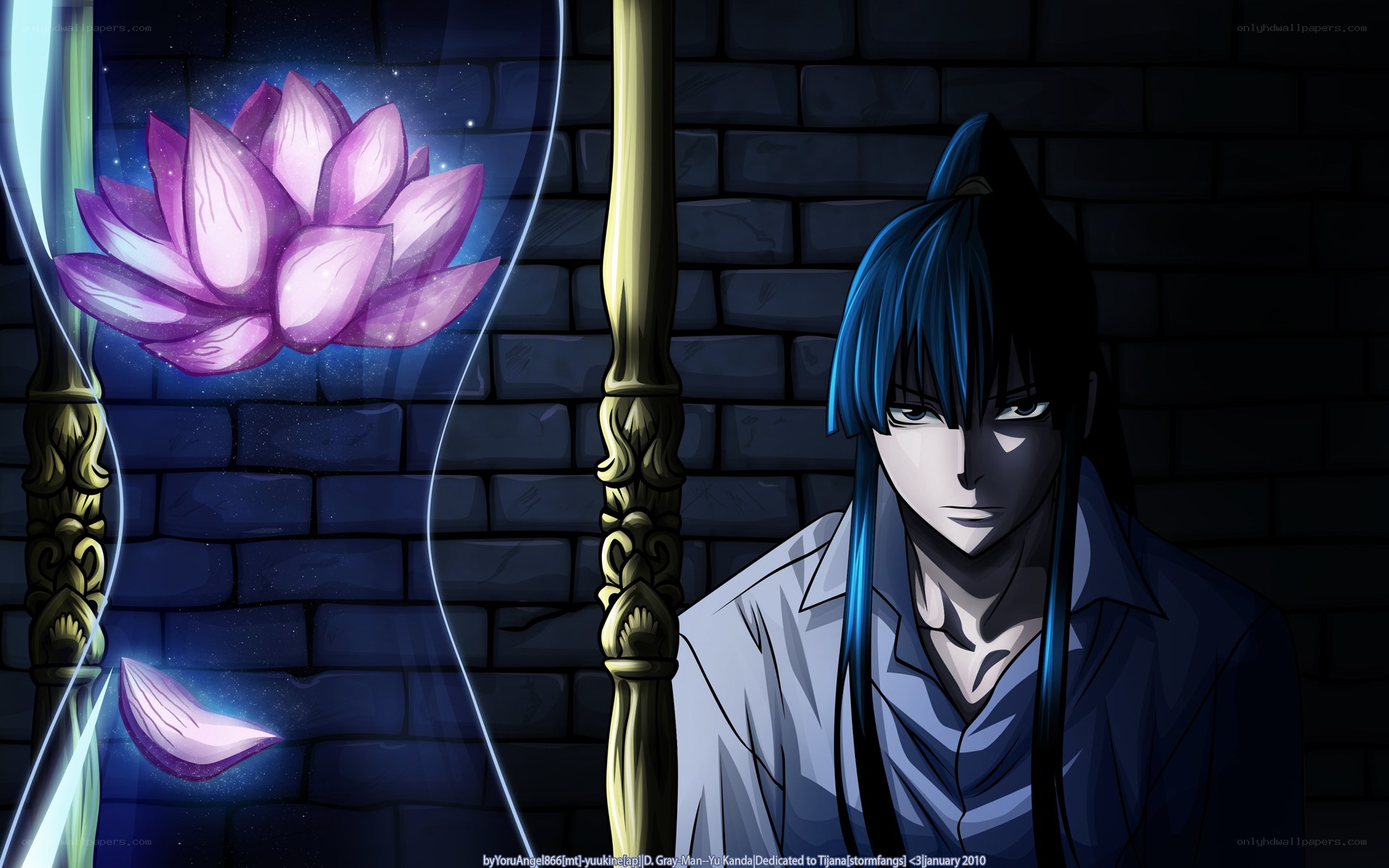 Blue-haired character with lotus flower