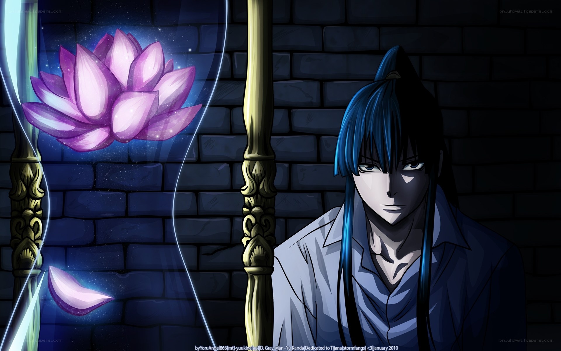 Blue-haired character with lotus flower