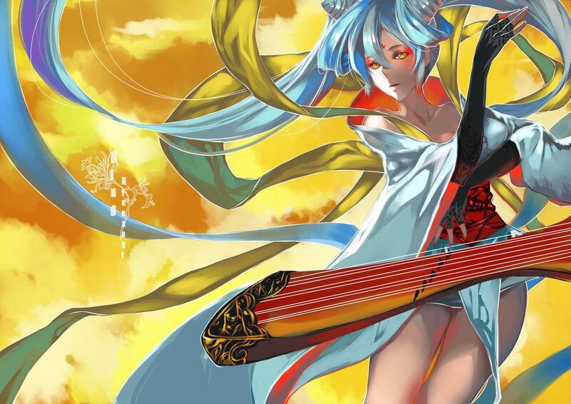 Blue-haired Character with Lute