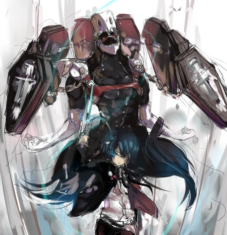 Blue-haired character with monstrous entity