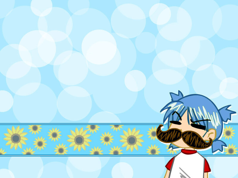 blue-haired character with mustache