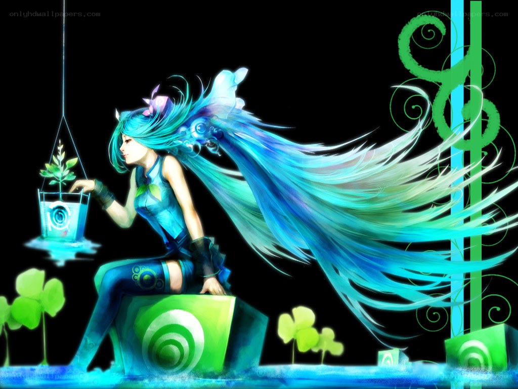 blue-haired character with plant