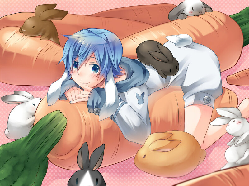 Blue-haired Character with Rabbits — Blue, Playful