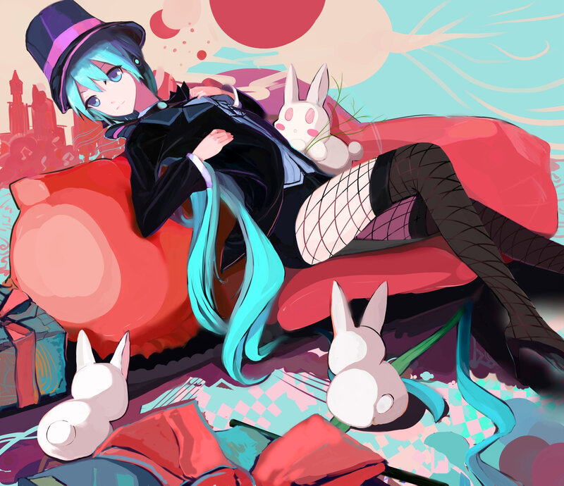 Blue-haired Character with Rabbits