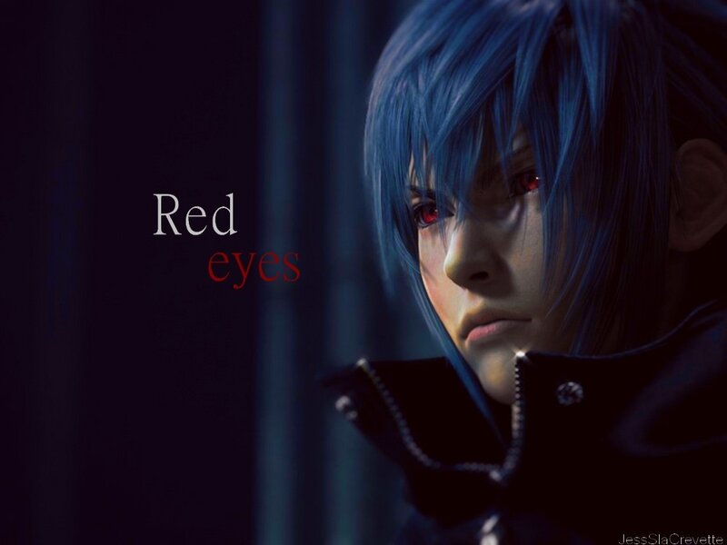 Blue-haired character with red eyes