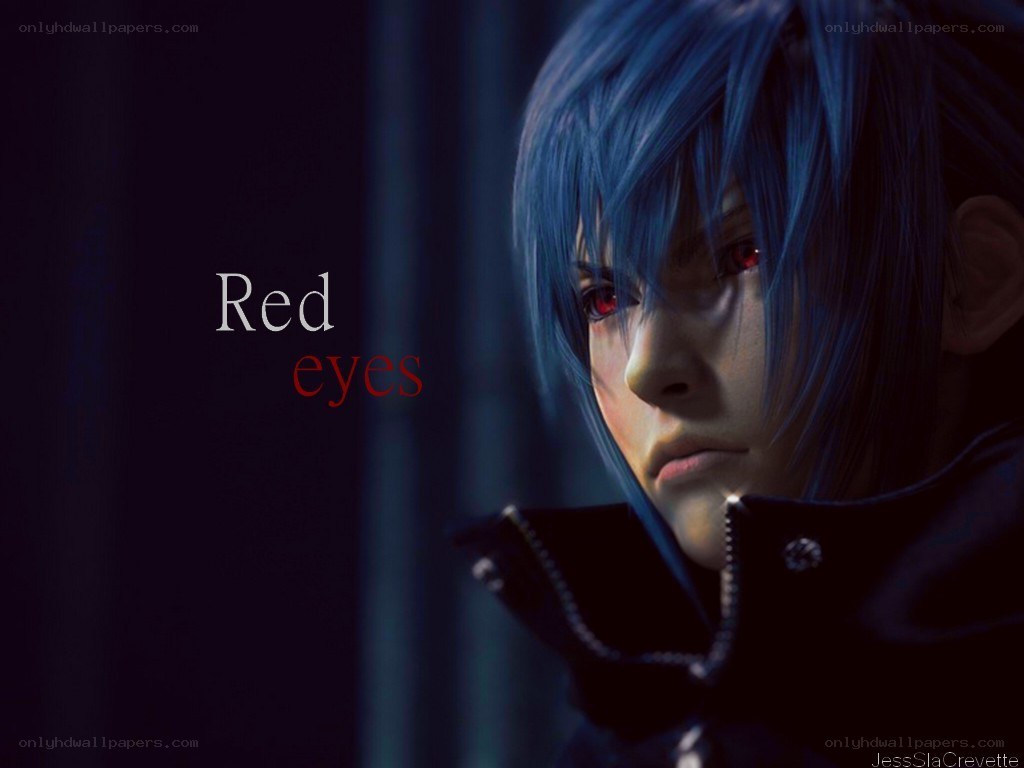 Blue-haired character with red eyes