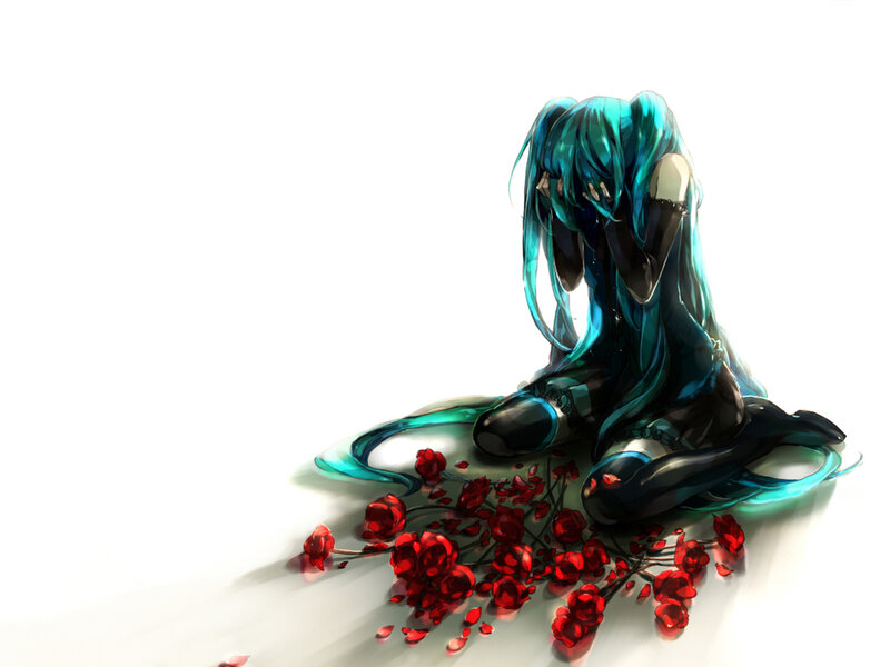 Blue-haired Character with Roses — Cyan, Melancholic, Digital Art