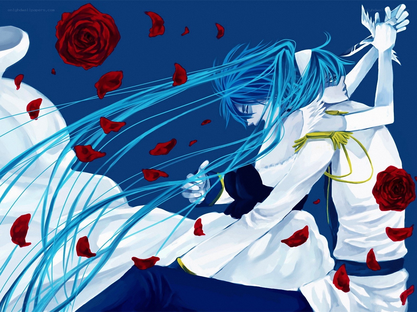 Blue-haired character with roses