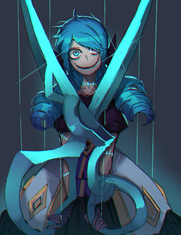 Blue-haired Character with Scissors