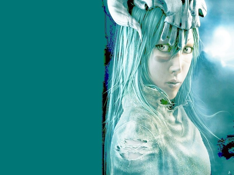 blue-haired character with skull crown