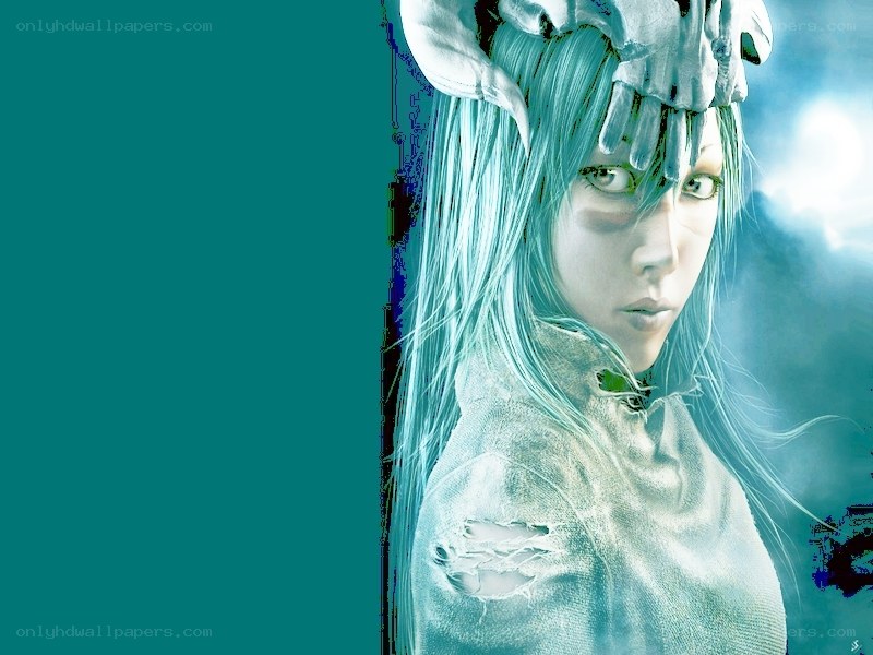 blue-haired character with skull crown