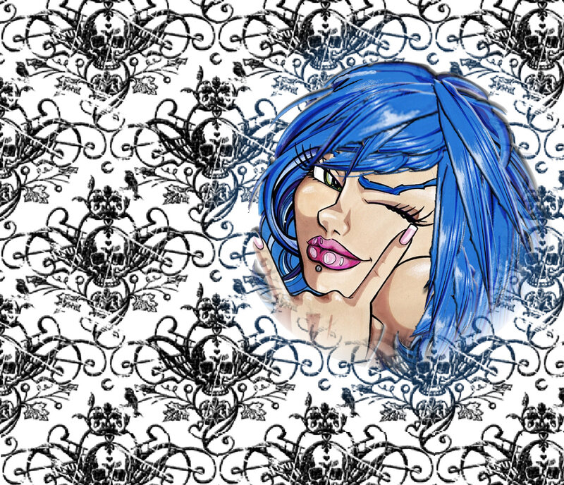 blue-haired character with skull pattern