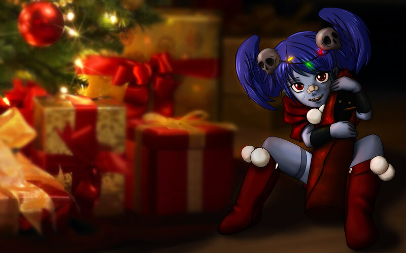 Blue-haired character with skulls