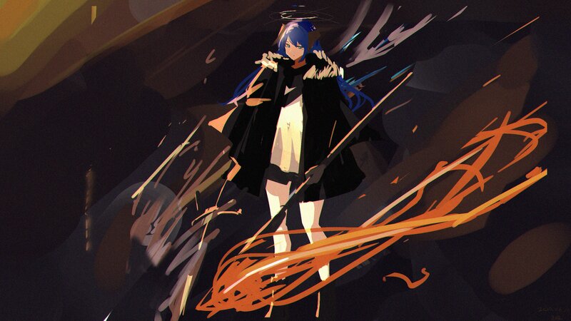 Blue-haired Character with Staff — Black