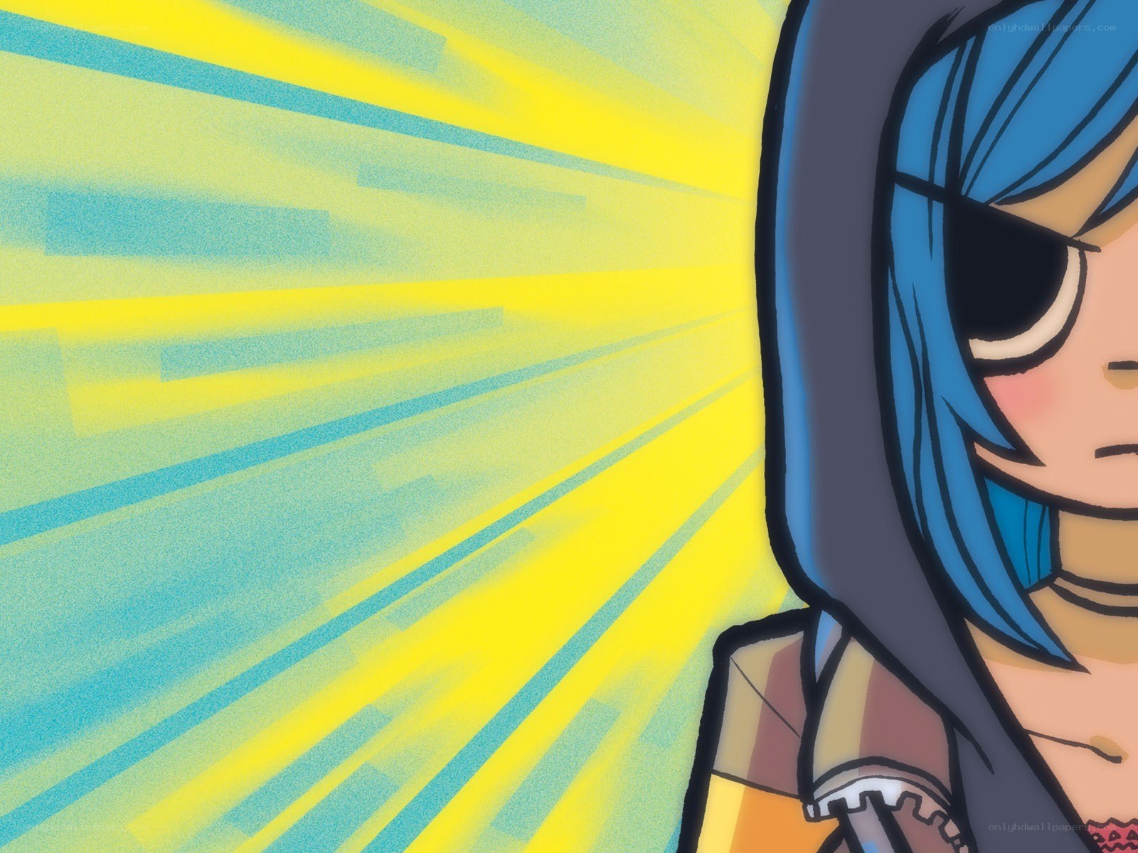 blue-haired character with sunburst