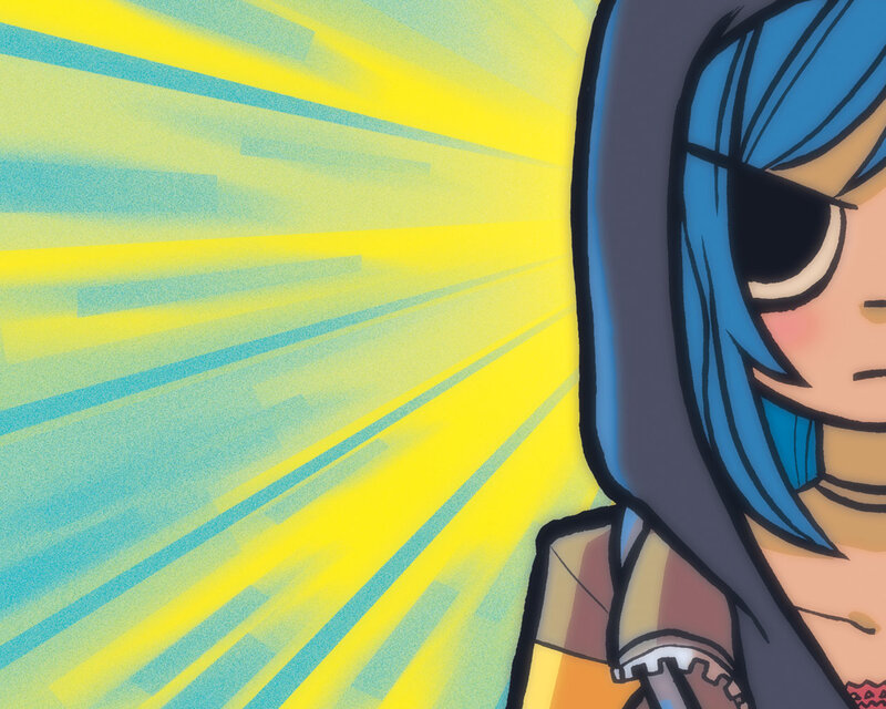 blue-haired character with sunburst