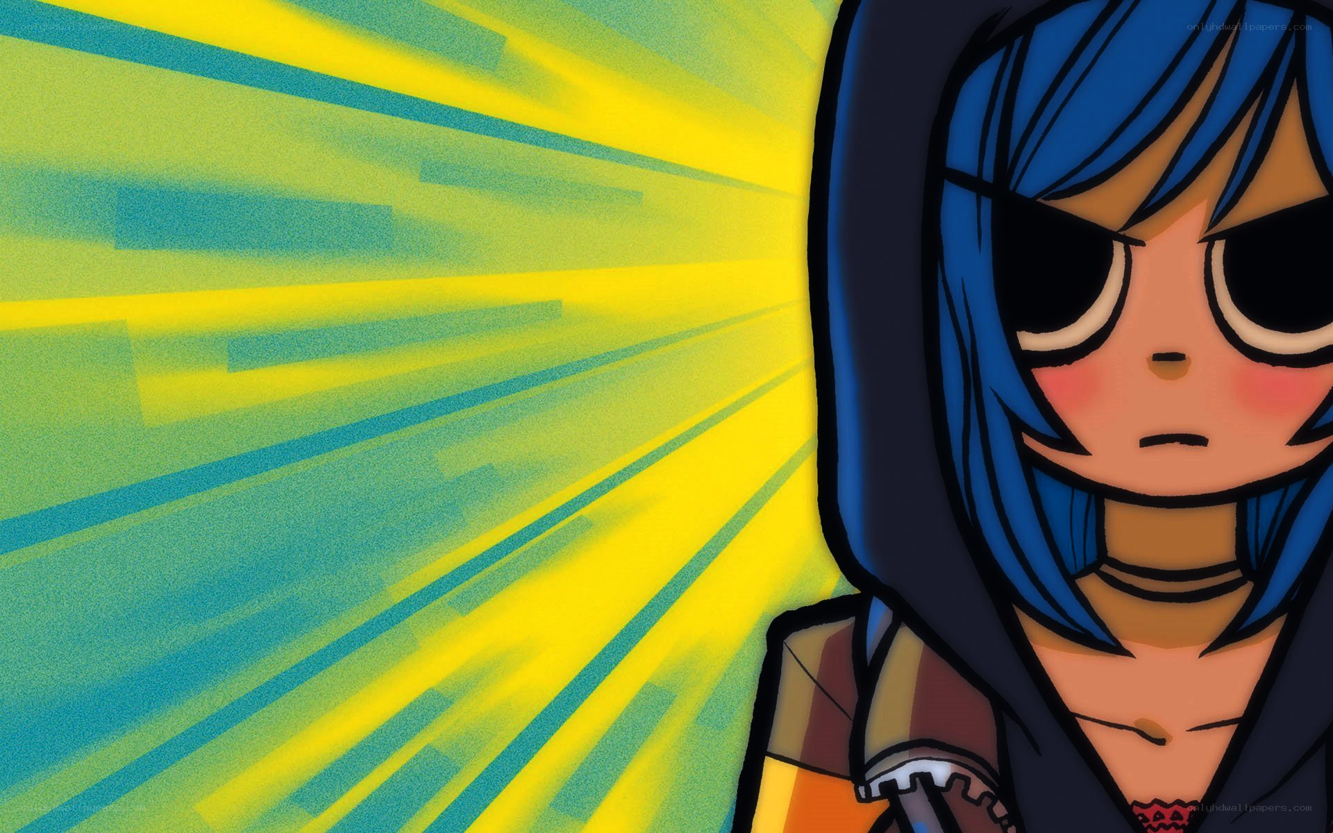 blue-haired character with sunglasses