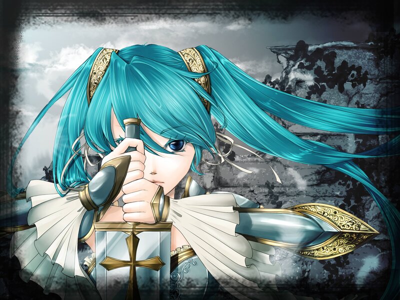 Blue-haired Character with Sword — Cyan, Dramatic, Anime, Armor