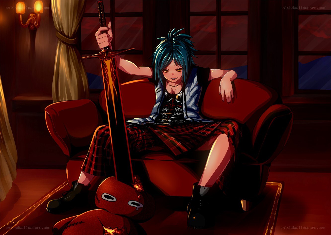 Blue-haired character with sword
