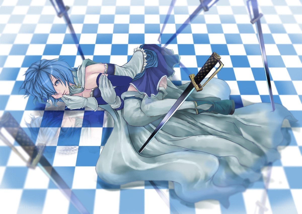 Blue-haired character with swords