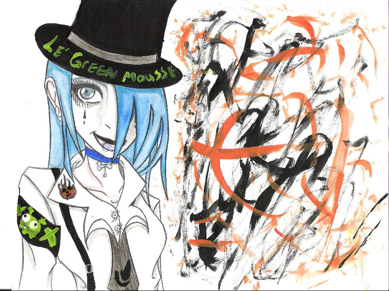 Blue-haired character with top hat