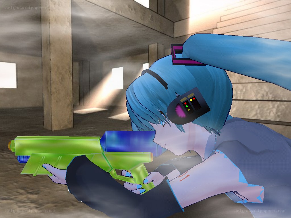 Blue-haired character with toy gun