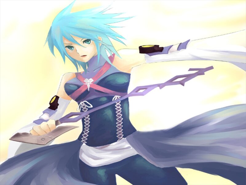 Blue-haired Character with Weapon — Blue, Dramatic, Anime