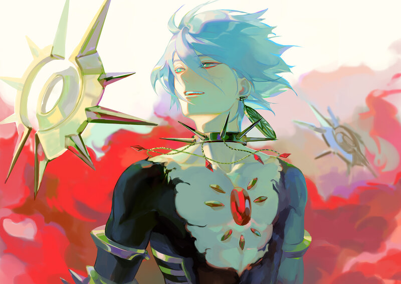 Blue-haired Character with Weapon — Red