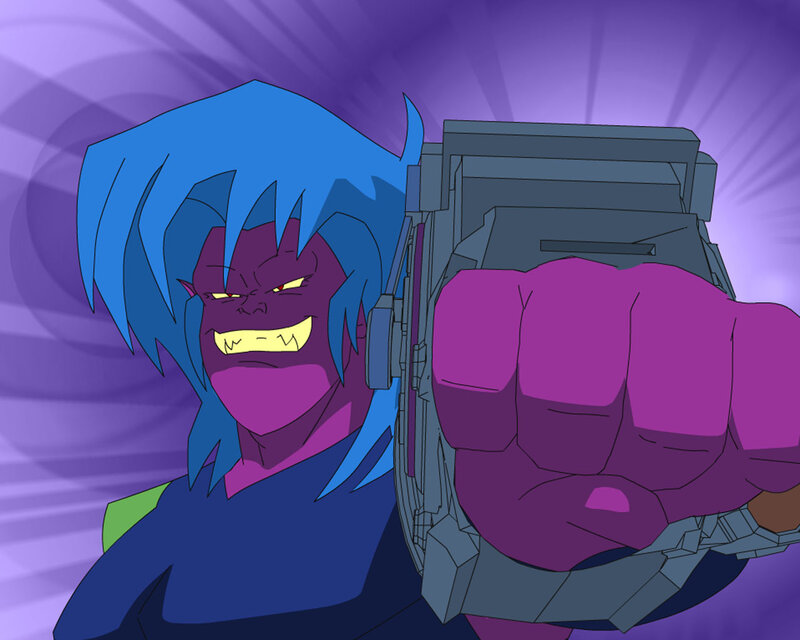 blue-haired character with weapon