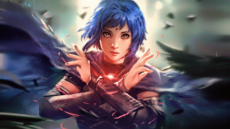 Blue-haired Character with Wings — Blue, Dramatic, Digital Art, Red Energy