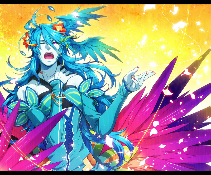 Blue-haired Character with Wings — Blue, Dramatic, Sunset