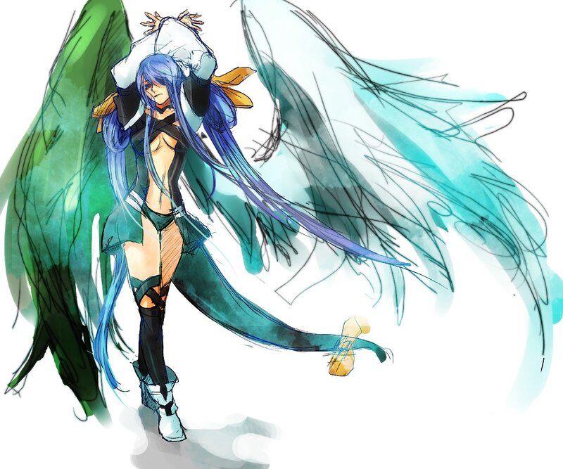 blue-haired character with wings