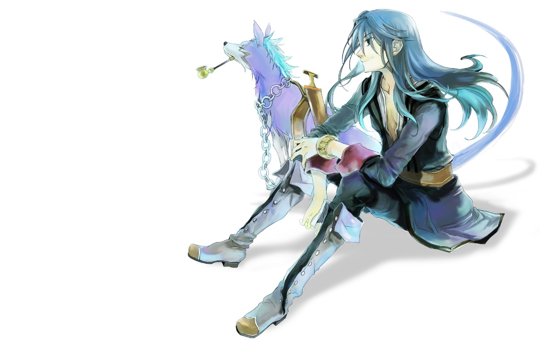 blue-haired character with wolf companion