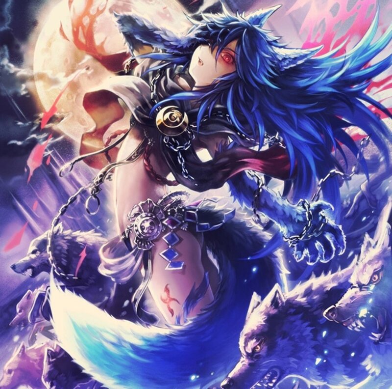 Blue-haired Character with Wolves