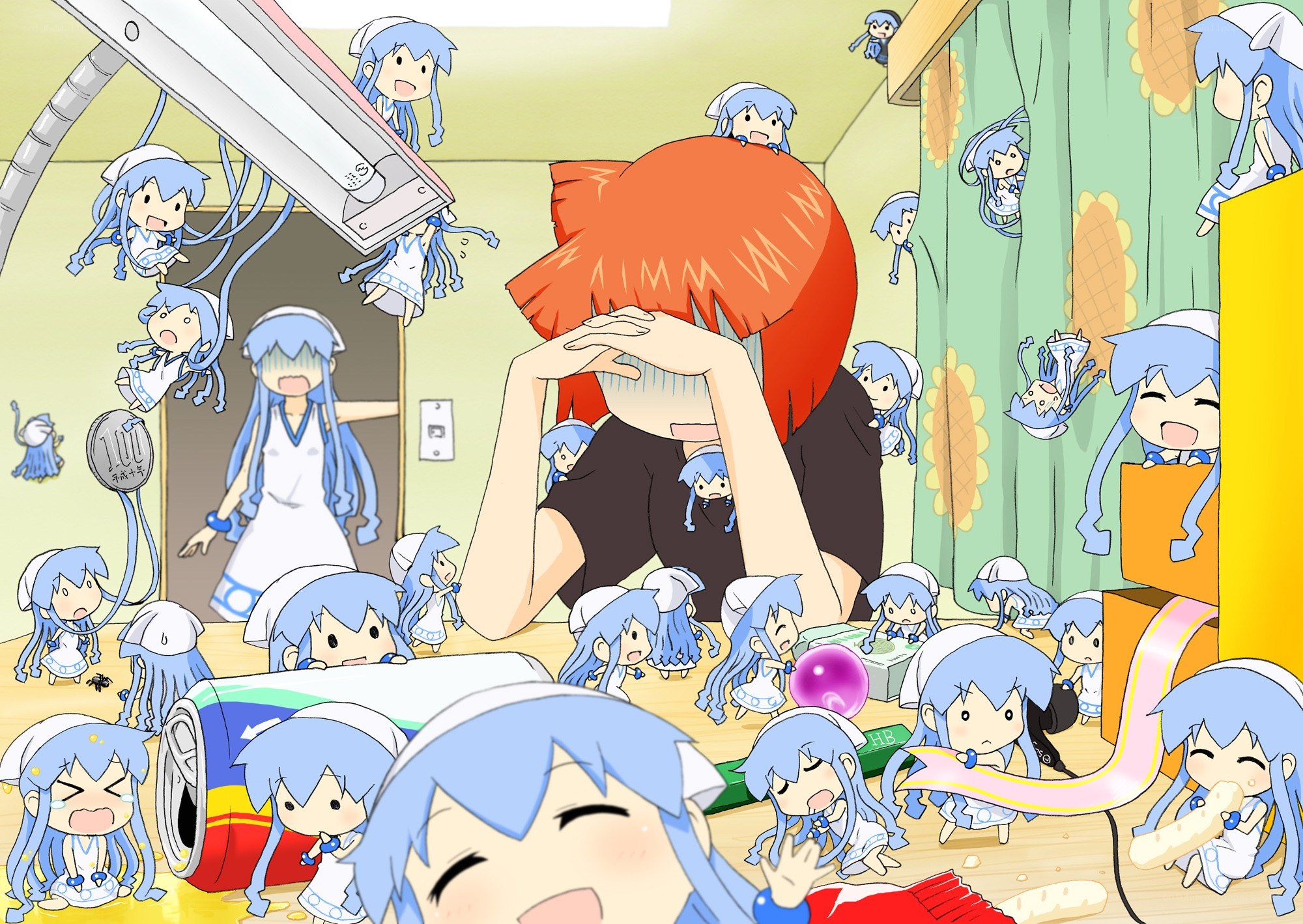 Blue-haired characters in chaotic room