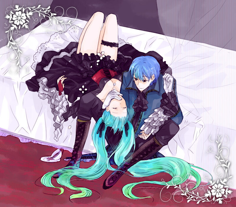 Blue-haired characters on a bed