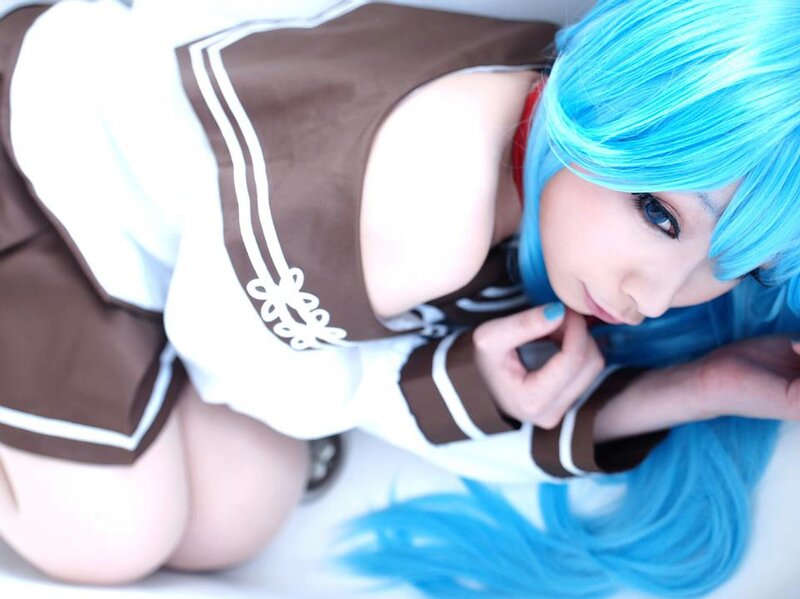 blue-haired cosplayer in school uniform
