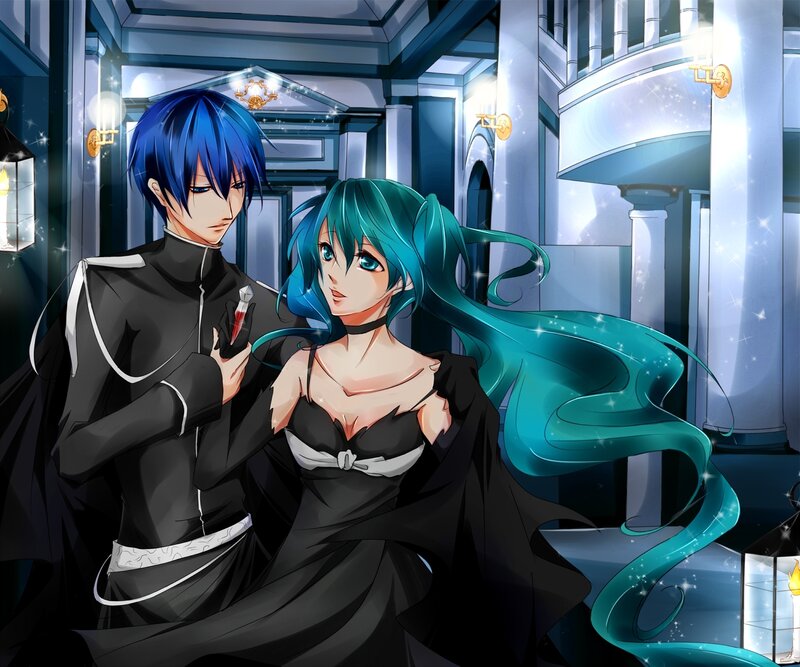 Blue-haired couple in a grand hall