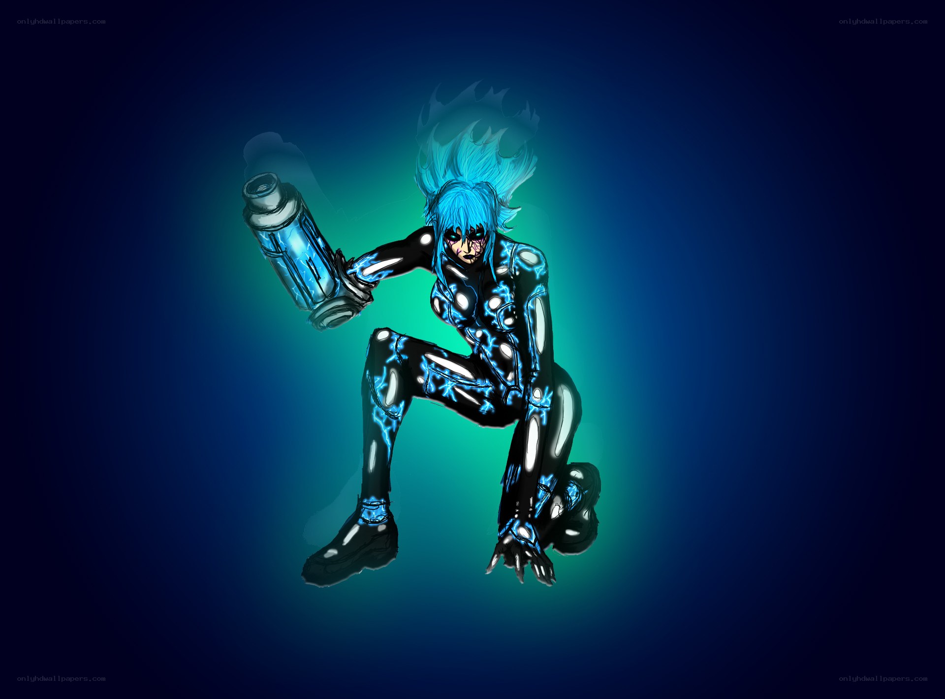 blue-haired cyborg warrior