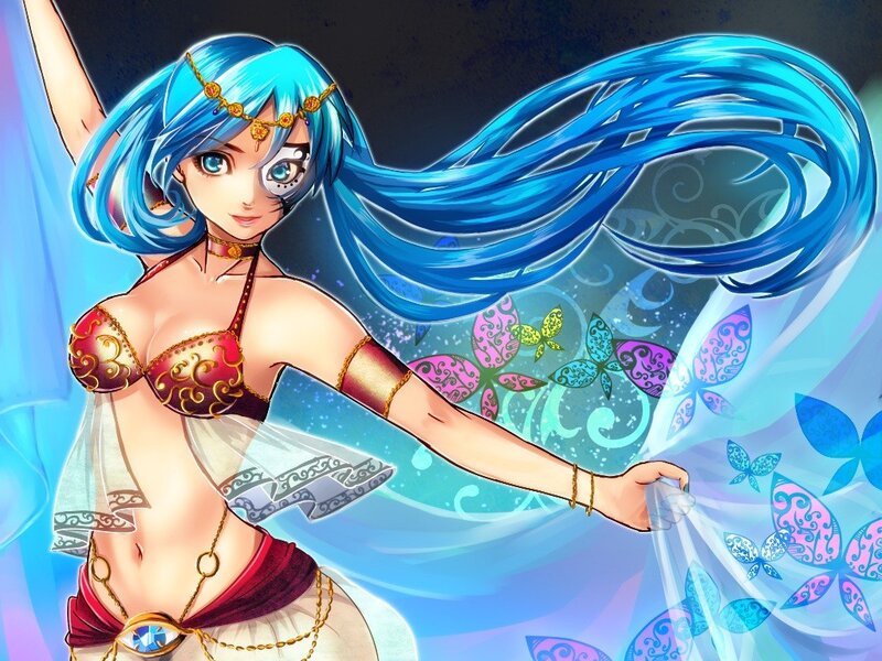 blue-haired dancer with butterflies