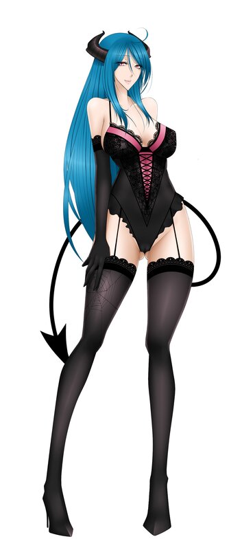 blue-haired demon girl in lingerie