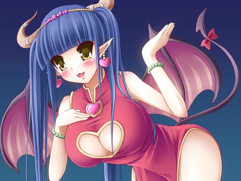 blue-haired demon girl in red dress