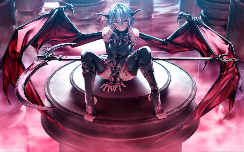 Blue-haired Demon Girl — Red, Dramatic, Anime, Wings